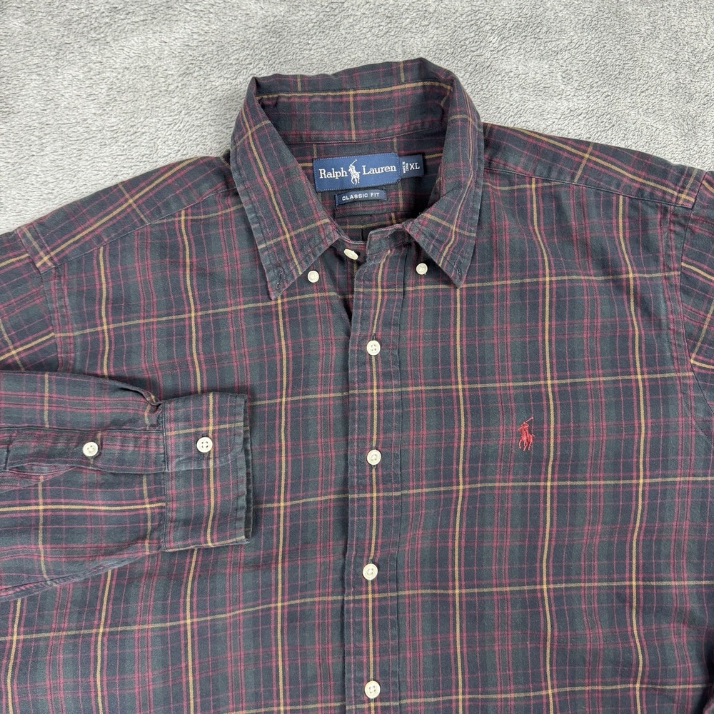 VTG POLO Ralph Lauren men's L/S Classic Fit shirt Maroon Plaid Cotton SZ XL